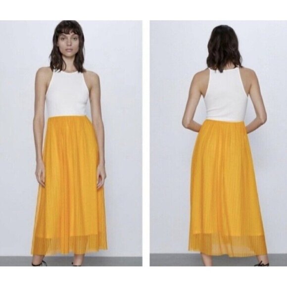 Zara Dress Womens Medium White Golden Yellow Pleated Combo Midi Flowy Boho - Picture 1 of 8